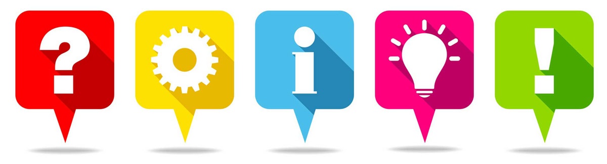 Icons: Fragezeichen, Zahnrad, Info-i, Glühbirne, Ausrufungszeichen